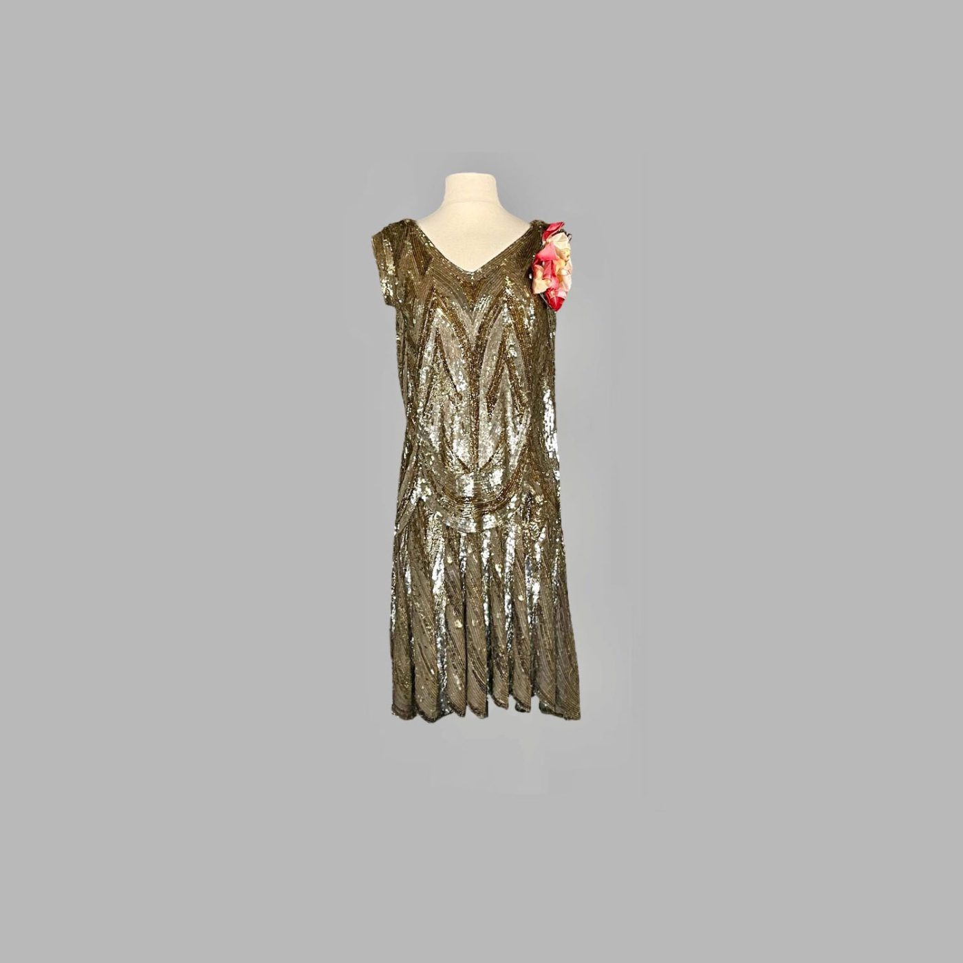 Golden beaded and sequined mid-1920s flapper dress