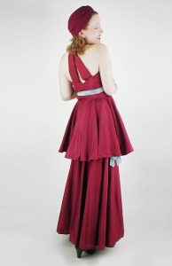 1930s burgundy long dress with peplum by Jean Carol